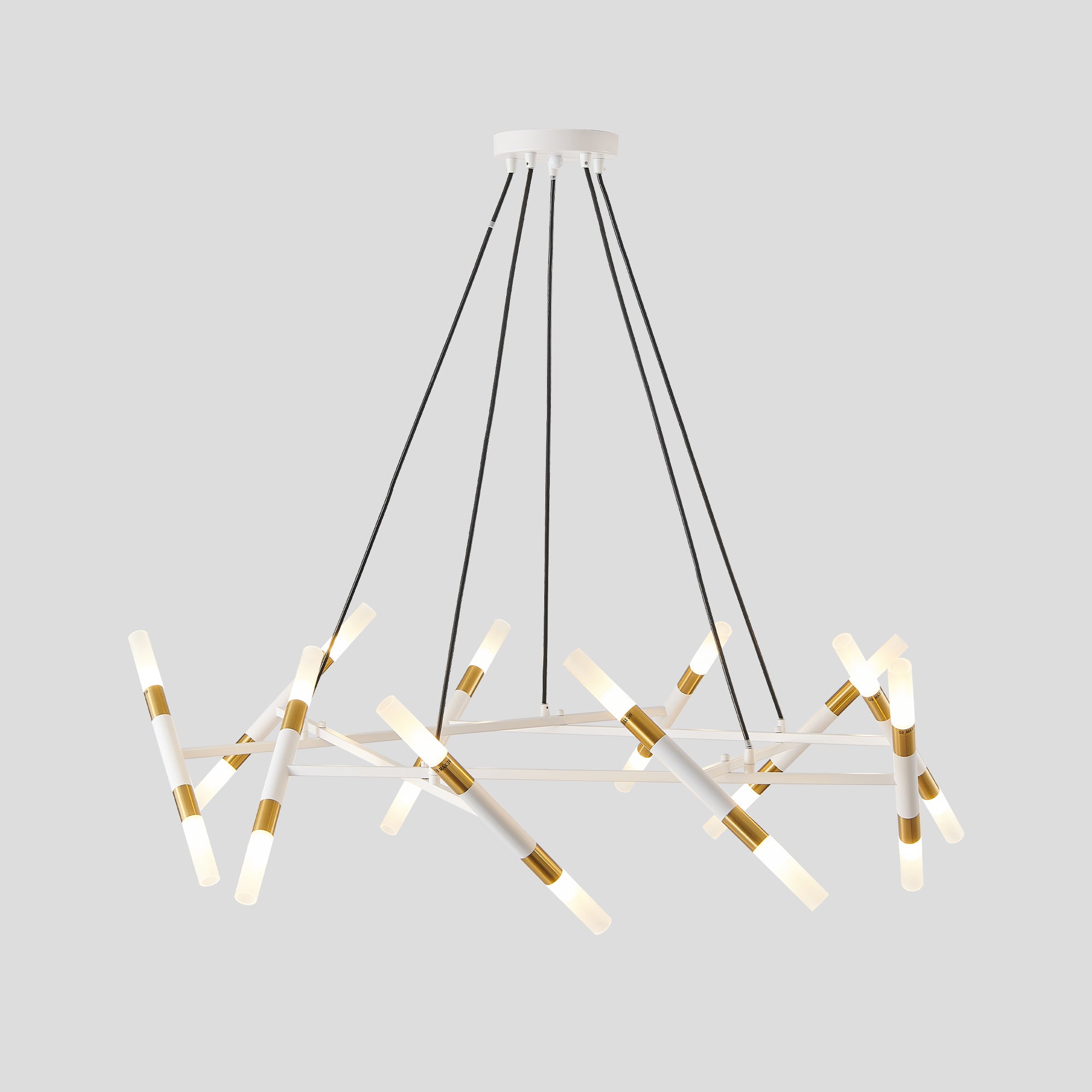 41 White & Golden Modern Chandelier Light Fixture, Branch Design With Frosted Tubes, Black Cords, Adjustable Height Pendant Light For Dining Room, Living Room, Or Kitchen Island Bulb Not Included