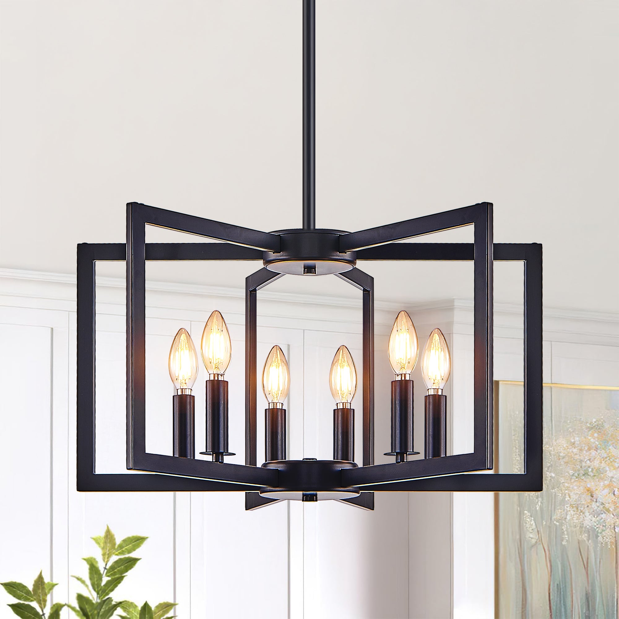 22 Modern Black Geometric 6-Light Chandelier - Industrial Metal Pendant Light Fixture For Living Room, Dining Room, Or Kitchen Bulb Not Included