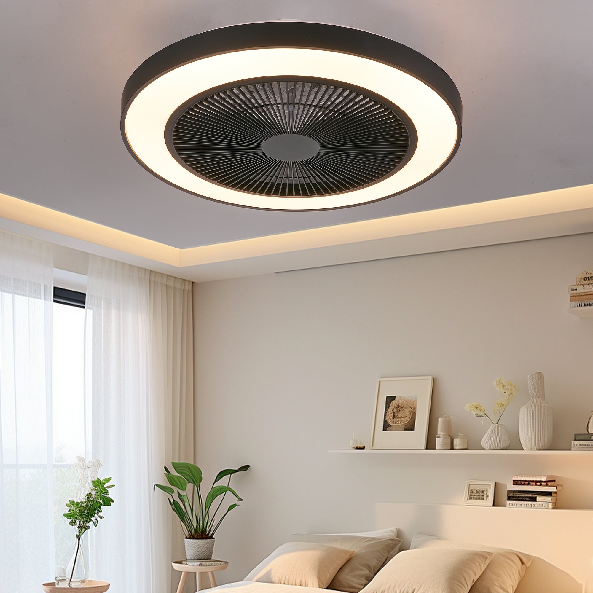 19-inch Black Ceiling Fan Light With LED RGB  Dimmable  Color-Changing, APP  Remote Control, Modern Smart Ceiling Fan For Living Room, Bedroom, And Dining Room Silent 6-Speed Reversible DC Motor