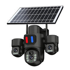 Three Lens 6MP HD Solar Powered Security Camera 5X Zoom PTZ Color Night Vision Red Blue Alarm Wireless WiFi Outdoor AI Human Detection Weatherproof Camera