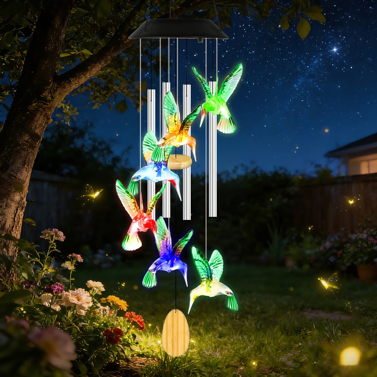 Solar Hummingbird Wind Chime With Aluminum Tubes 7 Color Changing Wind Chime For Outside IPX4 Waterproof Outdoor...