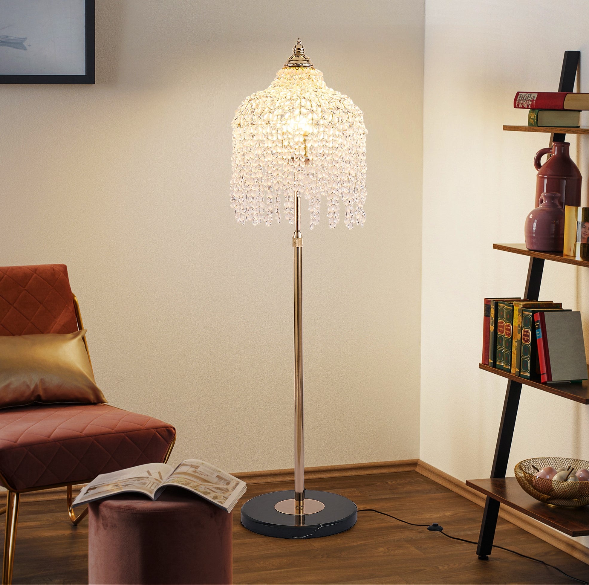 3 Light Elegant Crystal Floor Lamp  Vintage Waterfall Design With Grape-Shaped Crystal Bead Strings And Marble Texture Base For Living Room, Bedroom, Or Office  Bulb Not Included