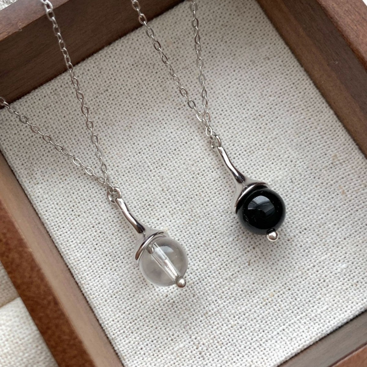 S925 Sterling Silver Natural Black Onyx Small Bulb Necklace For Women