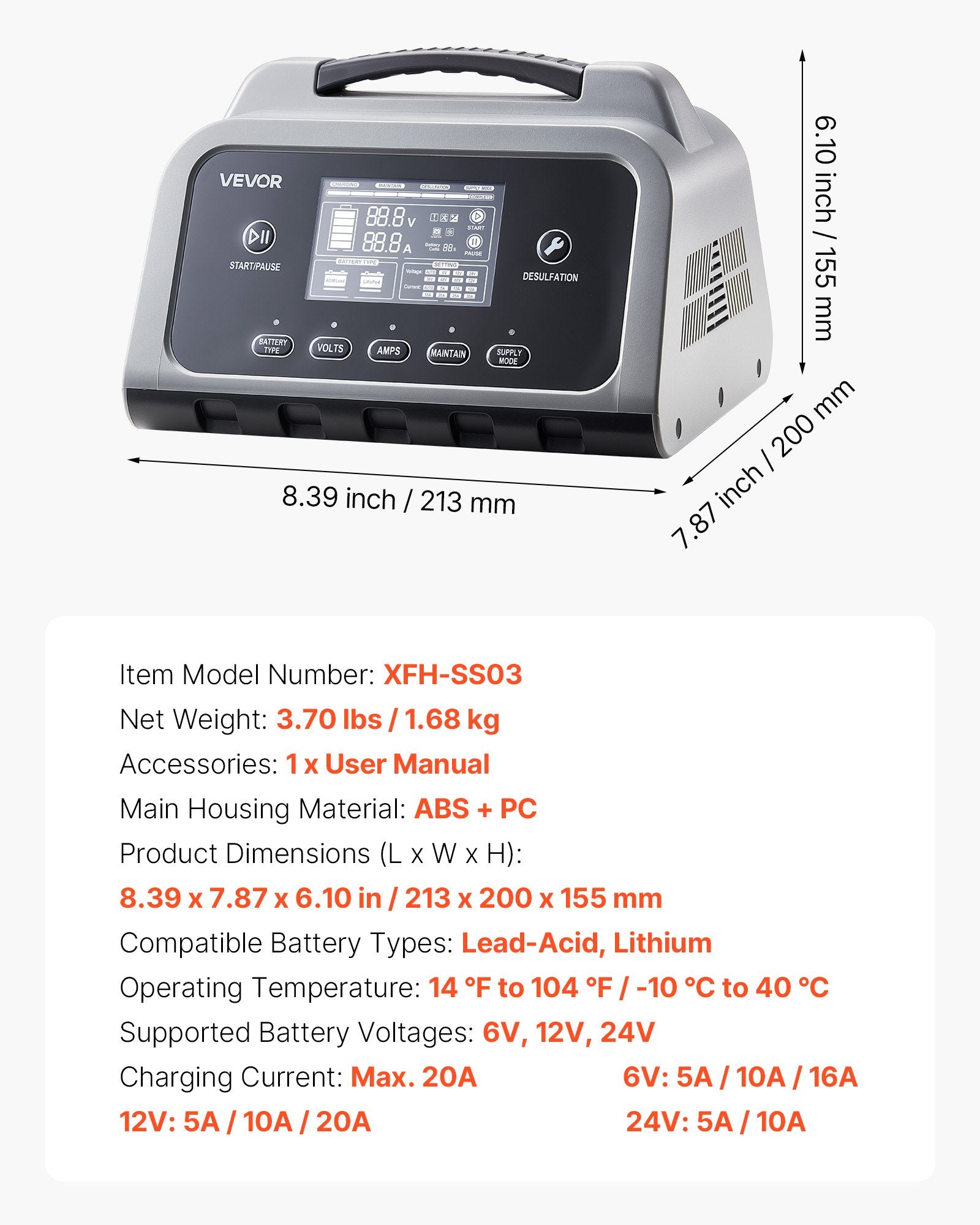 Smart Battery Charger, 20A, 6V 12V 24V Lithium LiFePO4 Lead-Acid (Gel/AGM) Car Battery Charger, With LCD Display, Trickle Charging Maintainer Desulfator, For Car, Boat, Motorcycle, Lawn Mowers