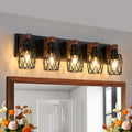 31  Industrial Vintage 5-Light Wall Sconce - Black Cage Wall Lighting Fixture With Wooden Accents For Bathroom, Hallway, Or Living Room Bulb Not Included