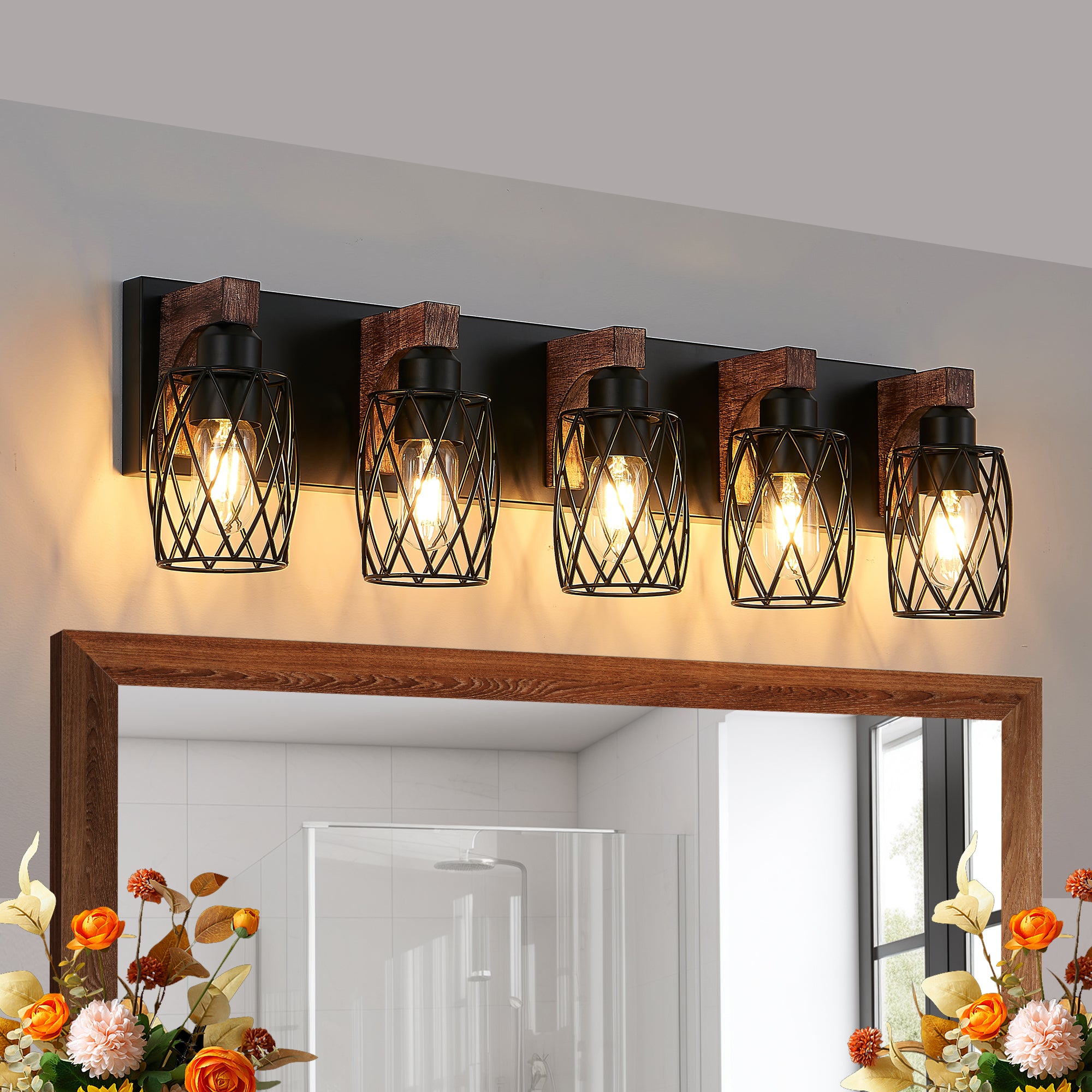 31  Industrial Vintage 5-Light Wall Sconce - Black Cage Wall Lighting Fixture With Wooden Accents For Bathroom, Hallway, Or Living Room Bulb Not Included