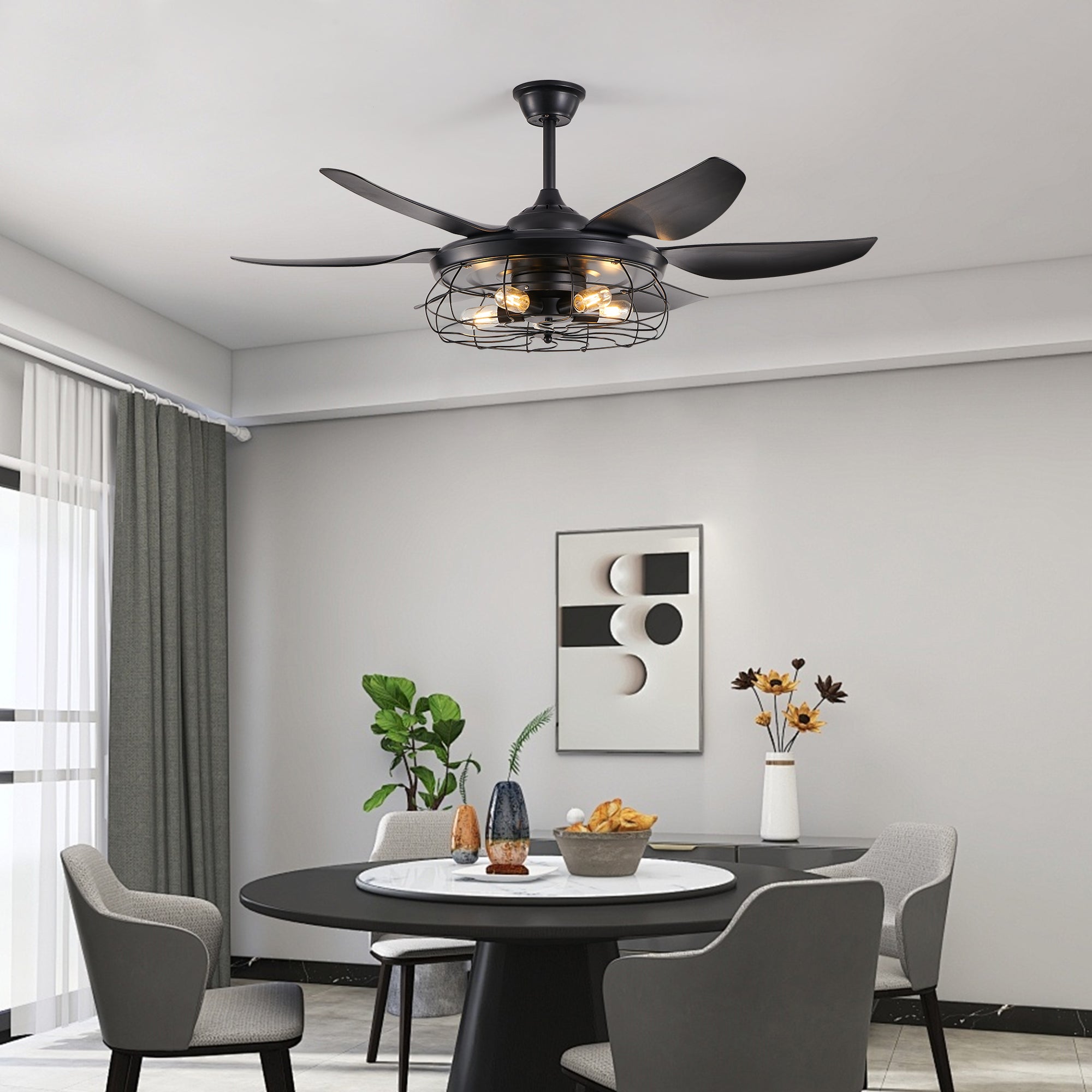 52 Modern Black Ceiling Fan With Light, 6 Fan Blades And Industrial Cage Design, Adjustable Speed For Living Room, Bedroom, Dining Room  Silent 6-Speed Reversible DC Motor  Bulb Not Included