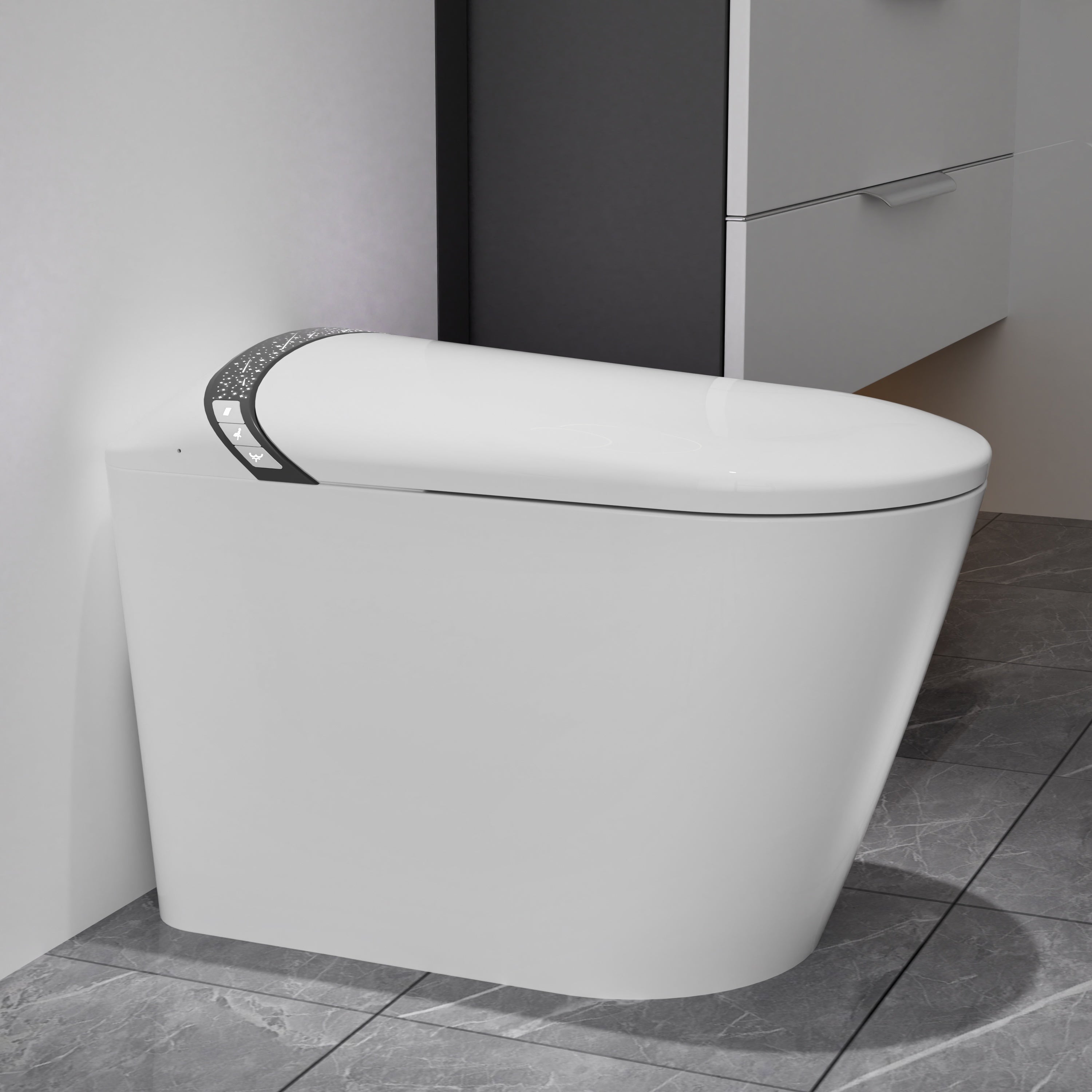Elongated Smart Toilet With Bidet Built In,Tankless Design For Bathroom, Auto Open Close Seat, Foot Kick, LED Display,Night Light, Warm Water & Dryer,White