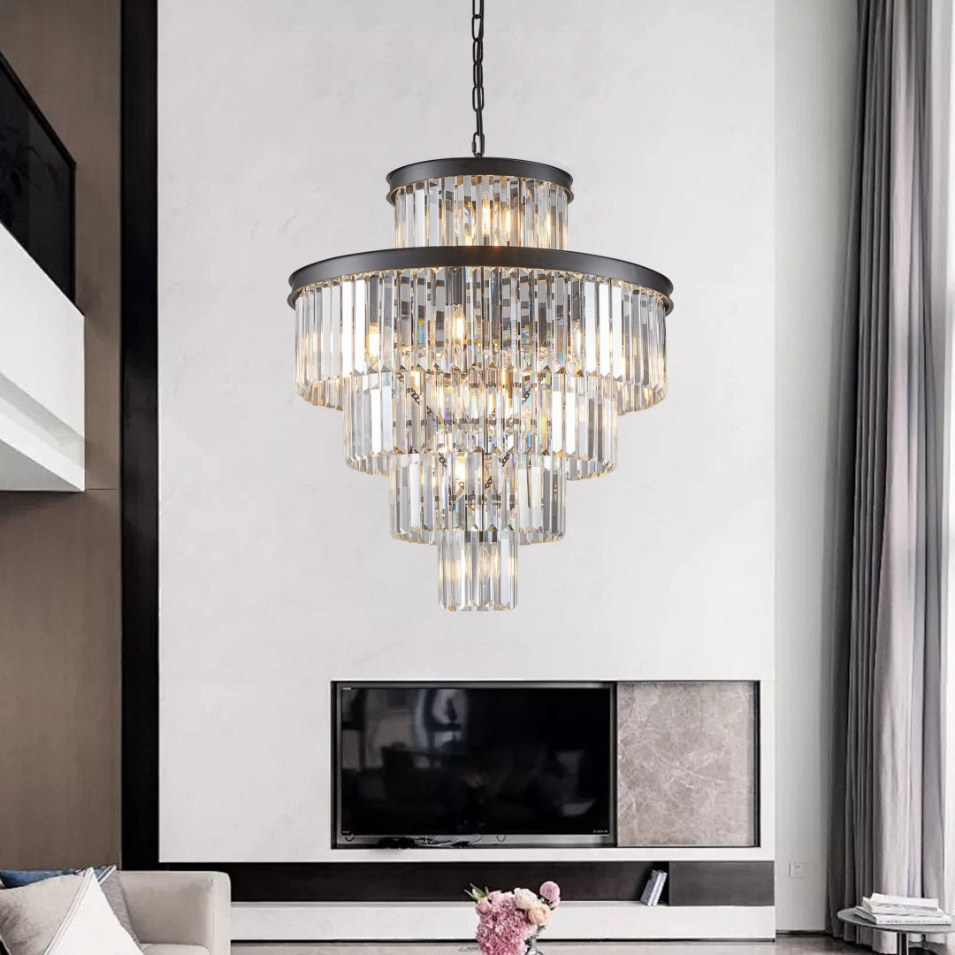 Same As W1340P188535-L5002-600-B  24  Luxury Crystal Chandelier With Black Finish -Elegant 15-Light 5 Tier Pendant Light Fixture For Living Room, Dining Room, Or Entryway  Bulb Not Included