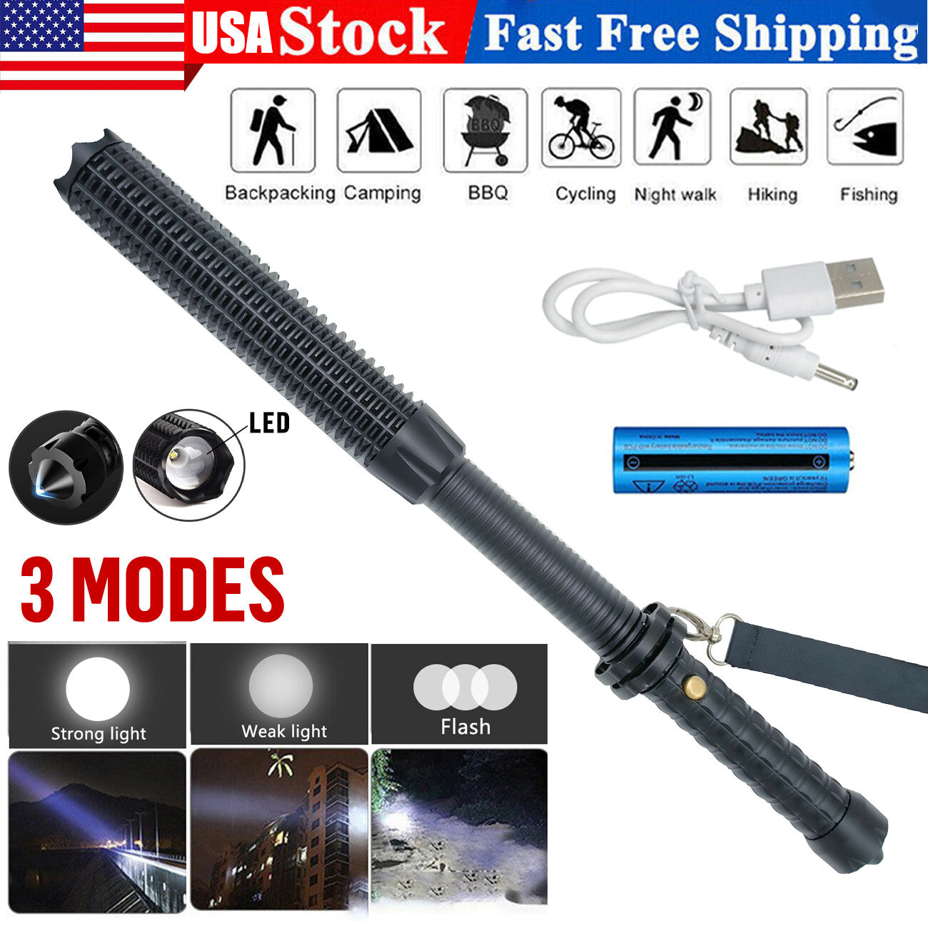 Baseball LED Flashlight Zoom Rechargeable Torch Spotlight Emergency Security Work Light 3 Lighting Modes 3500000LM