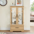 Glass Cabinet Lighted Glass Cabinet Curio Display Cabinet With Adjustable Glass Shelves 2 Doors And 1 Drawer Cabinet Bulb Included OAK