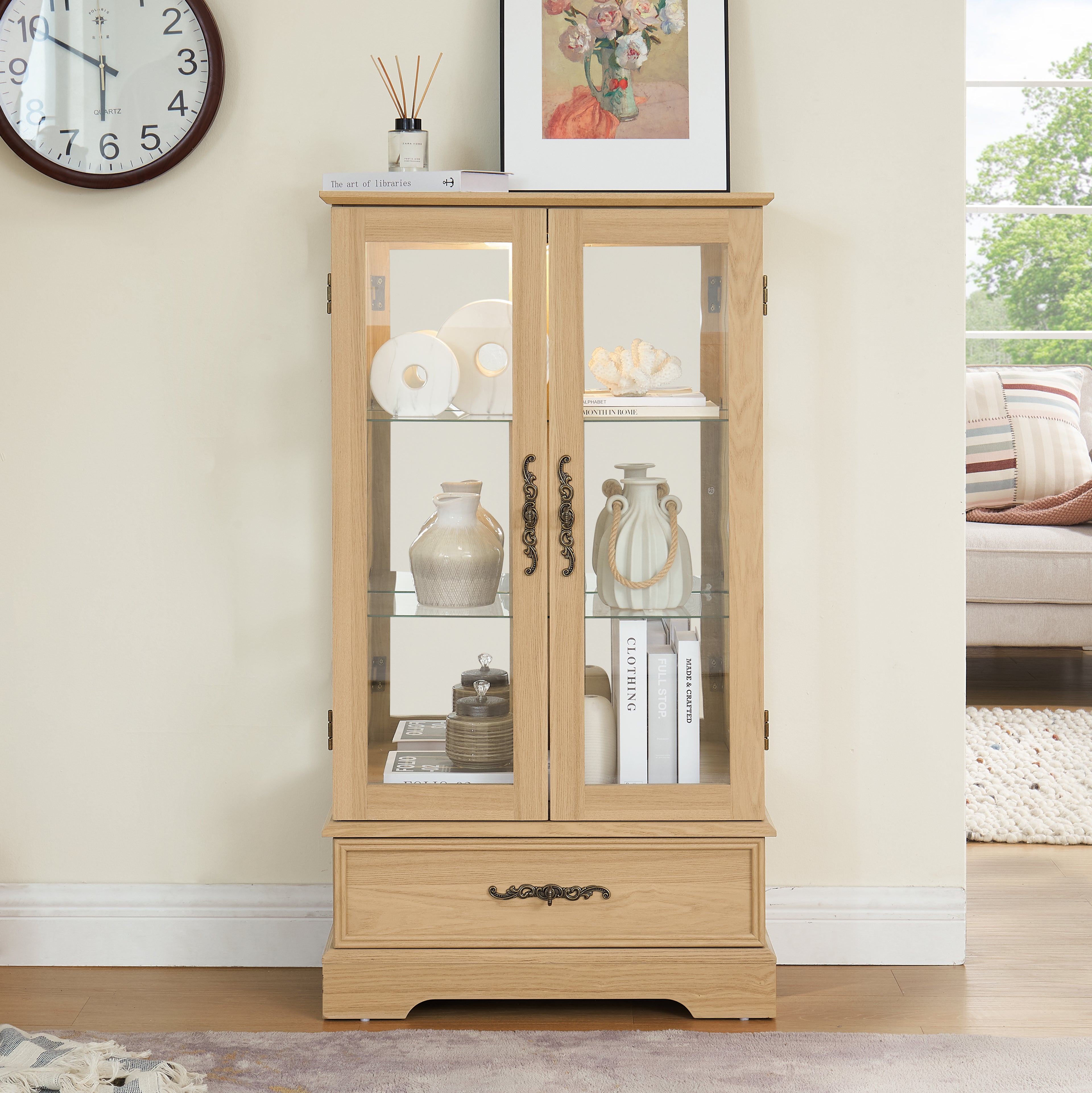 Glass Cabinet Lighted Glass Cabinet Curio Display Cabinet With Adjustable Glass Shelves 2 Doors And 1 Drawer Cabinet Bulb Included OAK