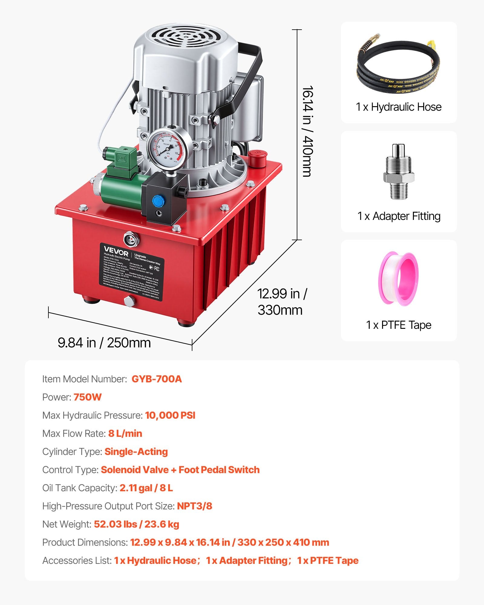 Electric Driven Hydraulic Pump, 750W 10,000 PSI, 120V Single Acting Hydraulic Pump Power Pack Unit, Solenoid Valve With Pedal Switch, 2.1 Gal / 8L, For Punching, Bending, Single Acting Cylinders