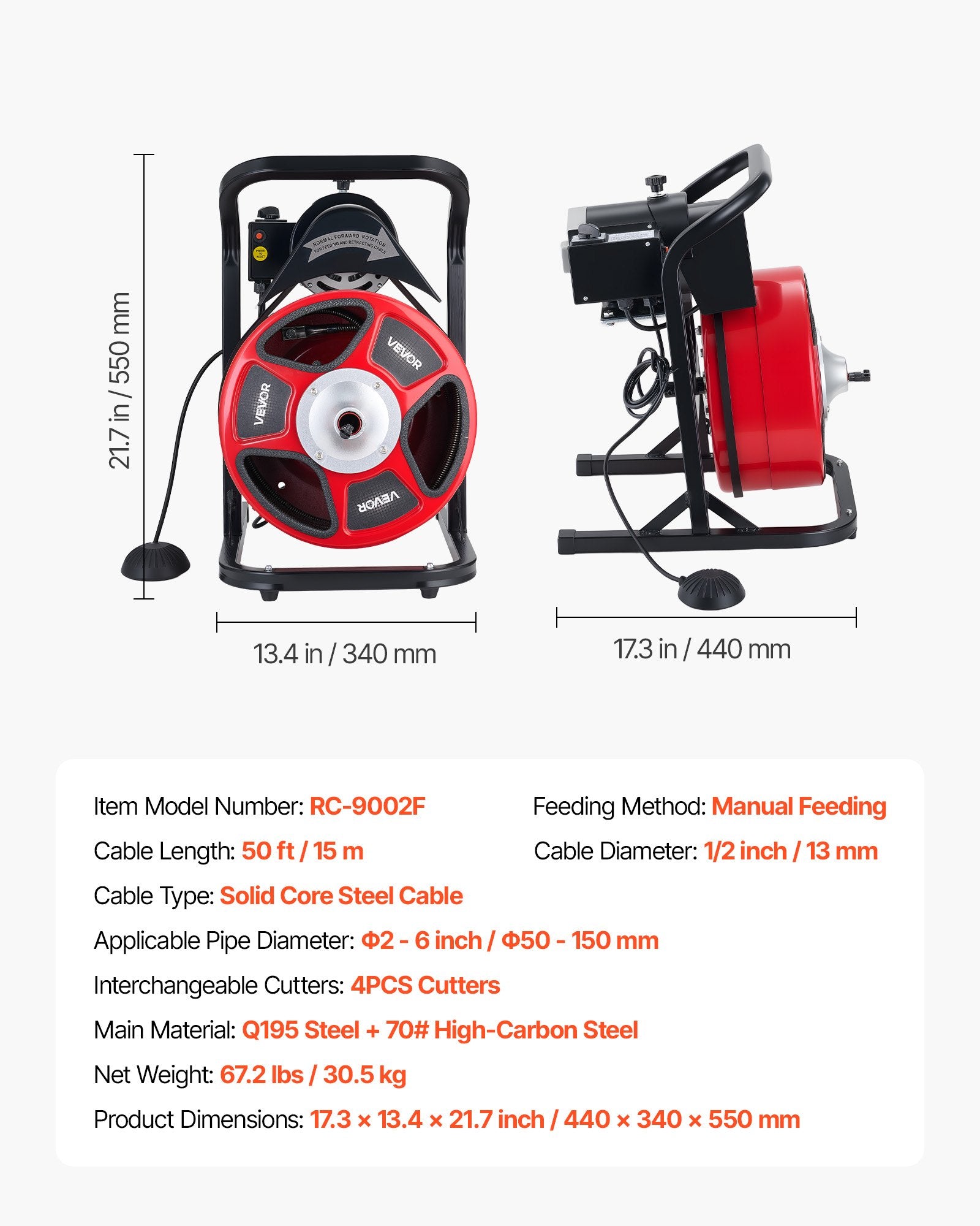 Drain Cleaner Machine 50 FT X 1/2 Inch, Manual Feed Sewer Snake Auger With 4 Cutters & Air-Activated Foot Switch For 2" To 6" Pipes