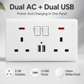 Double Wall Plug Socket 2 Gang 13A W 2 Charger USB Outlets Flat Plate UK