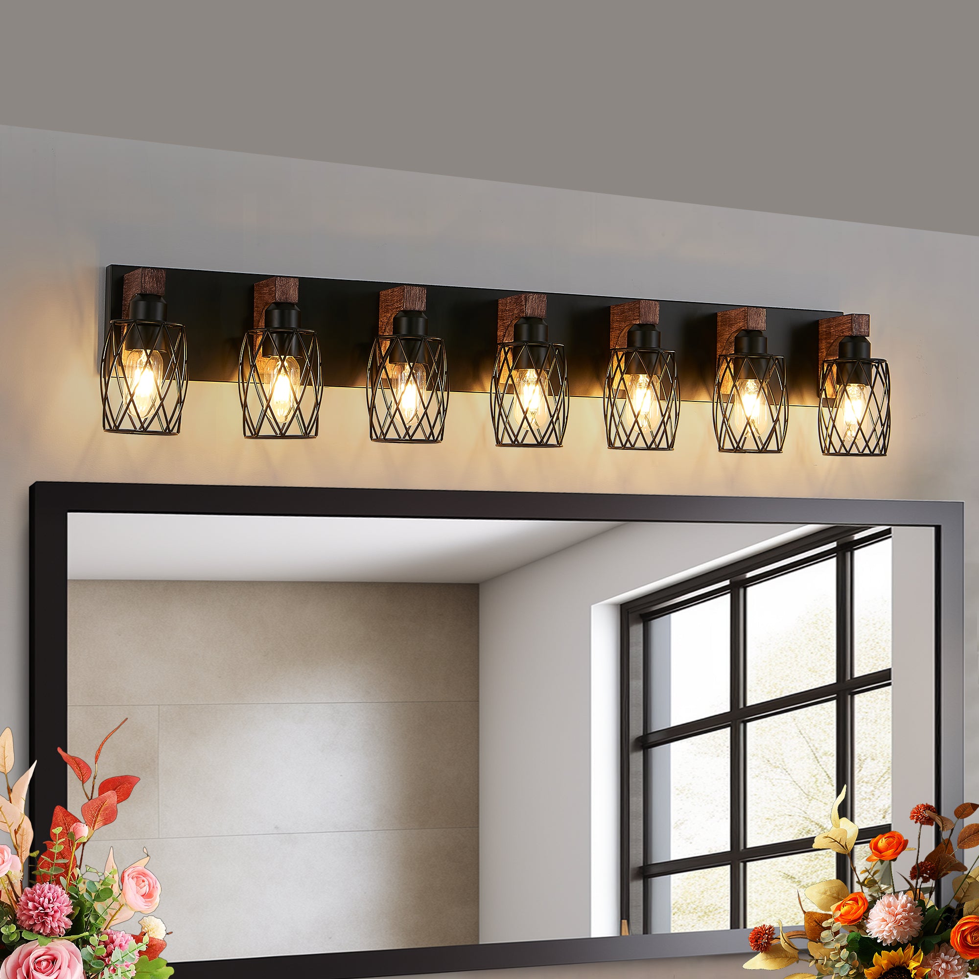 Industrial Vintage 7-Light Wall Sconce - Black Cage Wall Lighting Fixture With Wooden Accents For Bathroom, Hallway, Or Living Room Bulb Not Included