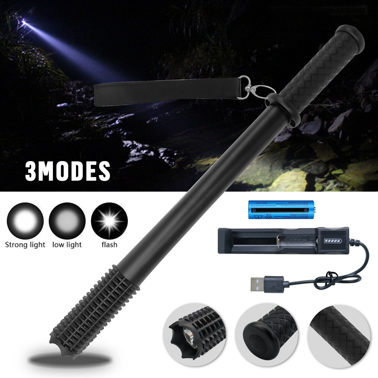 Baseball LED Flashlight Rechargeable Torch Spotlight Emergency Security Work Light 3 Lighting Modes