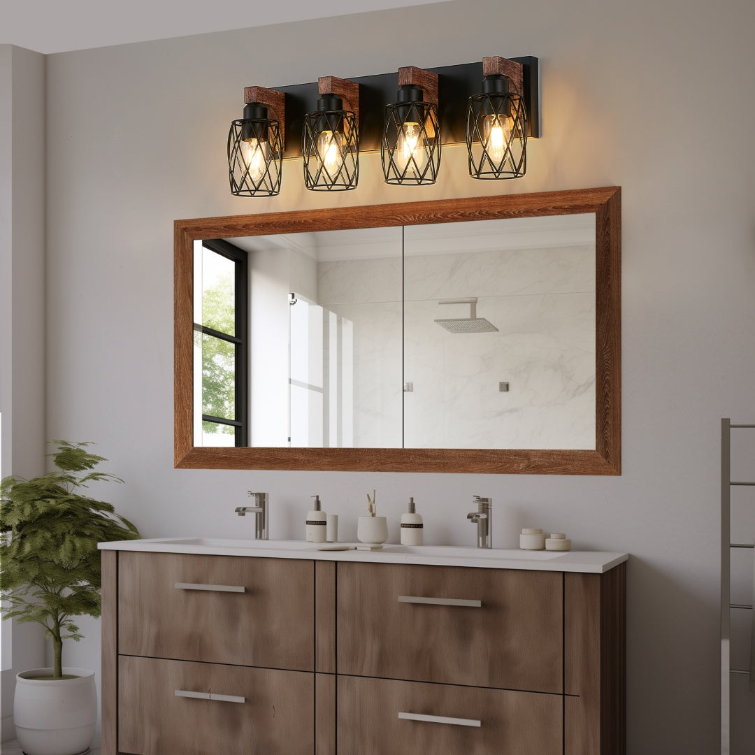 24  Industrial Vintage 4-Light Wall Sconce - Black Cage Wall Lighting Fixture With Wooden Accents For Bathroom, Hallway, Or Living Room  Bulb Not Included