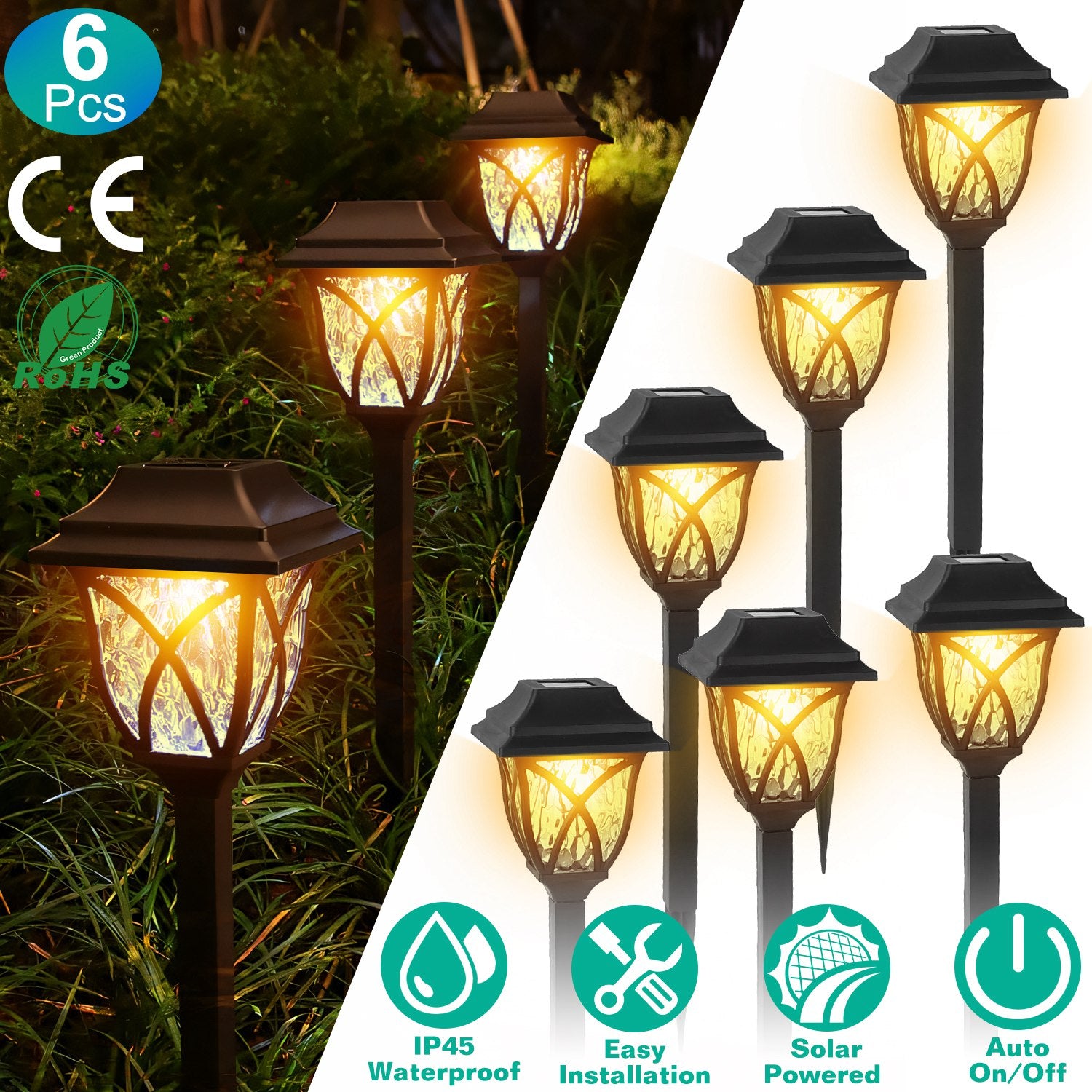 6Pack Solar Powered Stake Light Outdoor Decorative Landscape Lamp IP45 Waterproof Auto On Off Outdoor Light For...