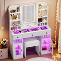 43.2  Vanity Desk With LED Mirror And Lights, Glass Top Vanity With RGB Glass Light Cabinets, Dressing Table With 3 Drawers ,Storage Shelves And Stool For Bedroom, White