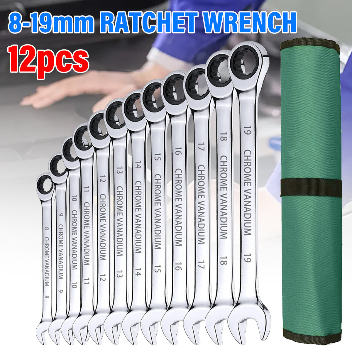 12Pcs 72 Tooth Ratchet Spanner Set 8-19MM Fixed Head Combination Wrench Set Tool
