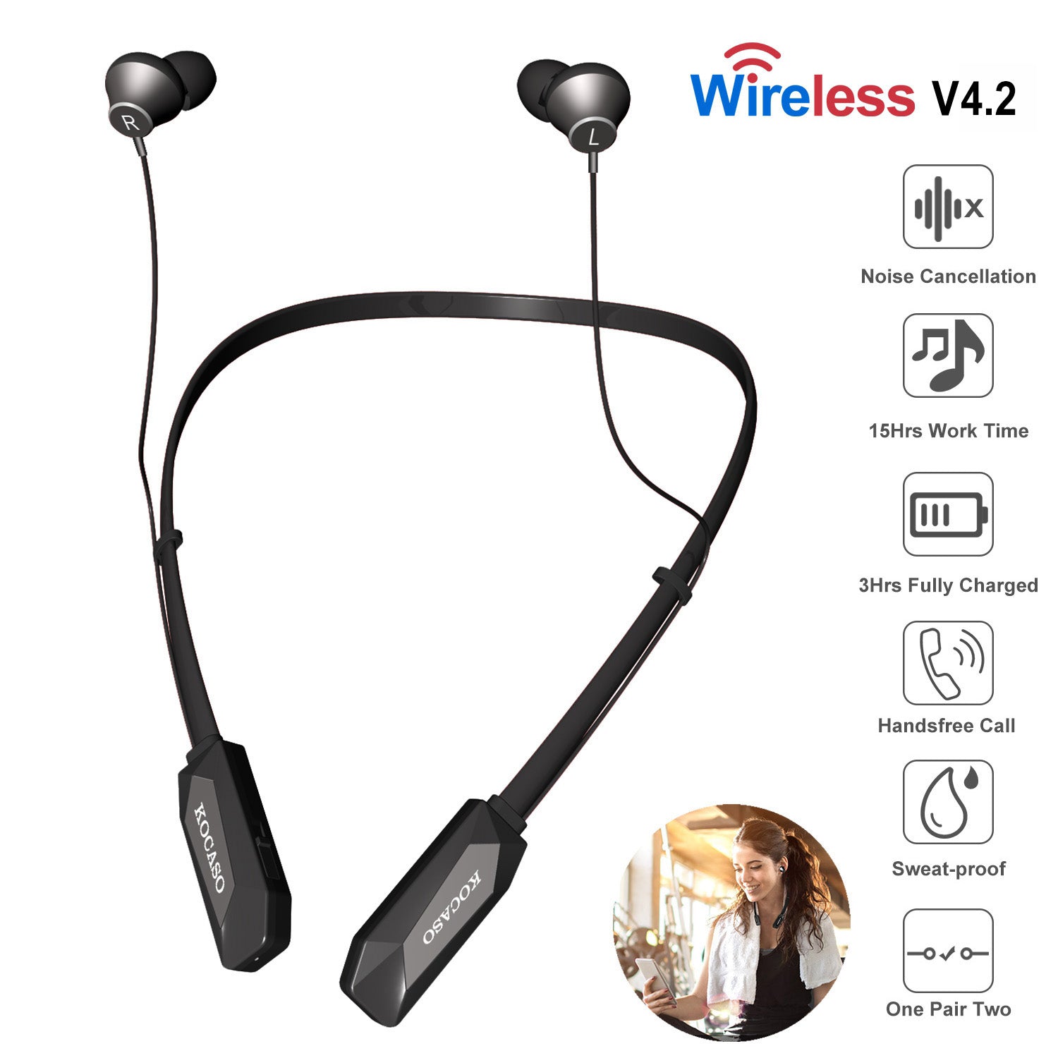 Black-Red Color Options -- 1Pc Wireless Neckband Headphones V4.2 Sweat-proof Sport Headsets Earbuds In-Ear Magnetic...