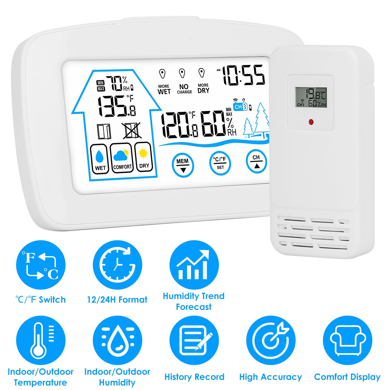 1Pc Wireless Weather Station With Clock 196FT Range Indoor Outdoor Thermometer Sensor Temperature And Humidity...