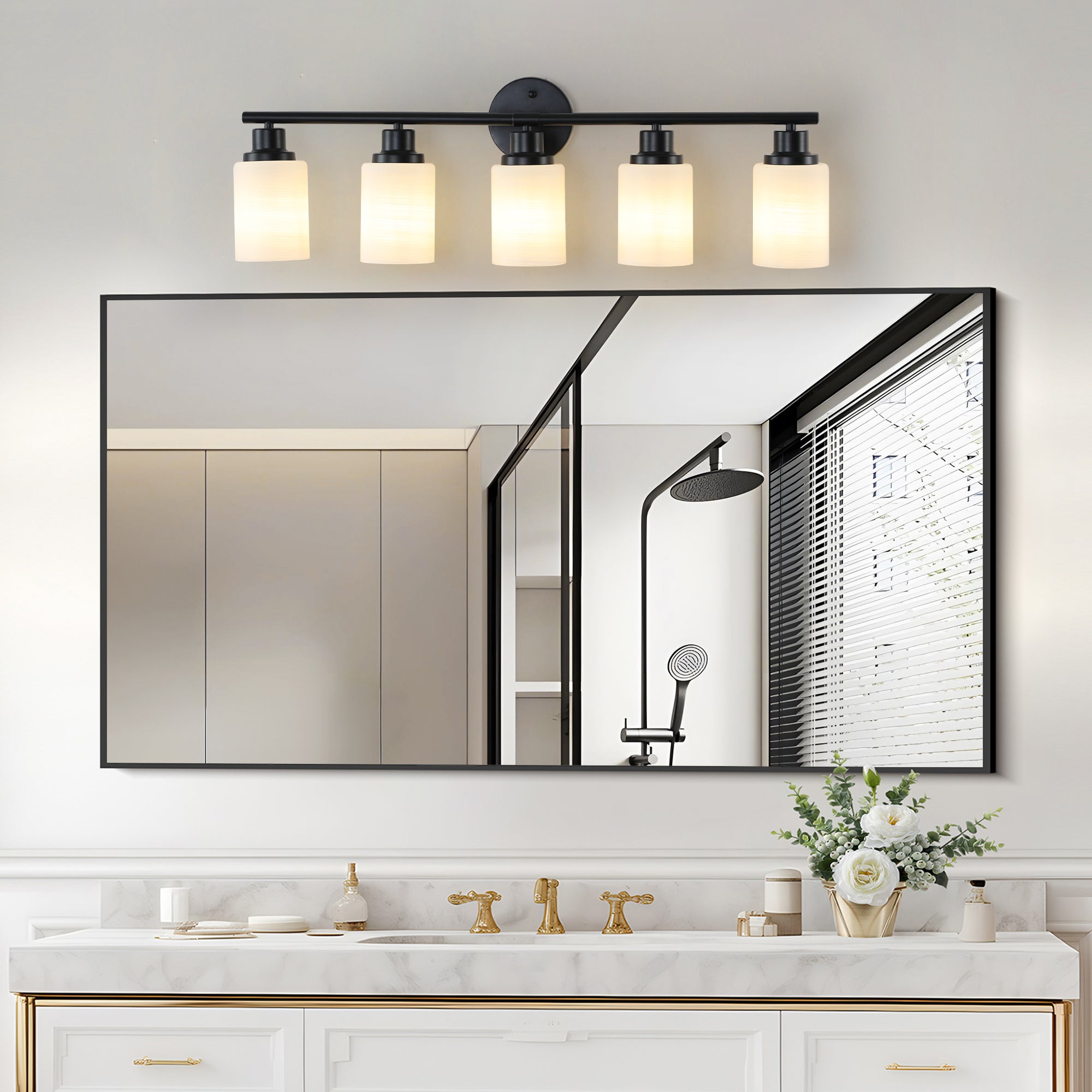 31  Modern 5-Light Vanity Bathroom Mirror Light, Frosted White Glass With Black Iron Frame, Contemporary Wall Sconce For Bedroom, Bathroom, And Dressing Room  Bulb Not Included