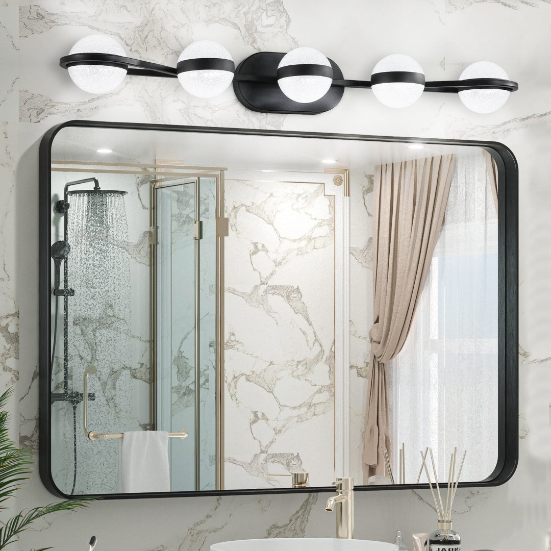 NEW SKU W1340P206793  35  Modern Minimalist Bathroom Vanity Light, LED 5 Bulb Crystal Sand Acrylic Shades, Wall Mounted Decorative Lighting Fixture, Suitable For Bathroom Vanity Mirror -Black