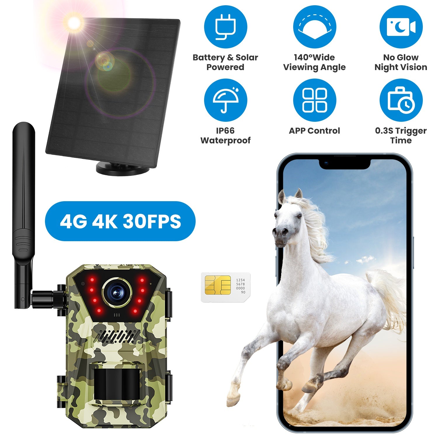 1Pc 4G 4K 30Fps Solar Trail Camera Outdoor Wildlife Camera Motion Activated IP66 Waterproof With 140 Degree Viewing...