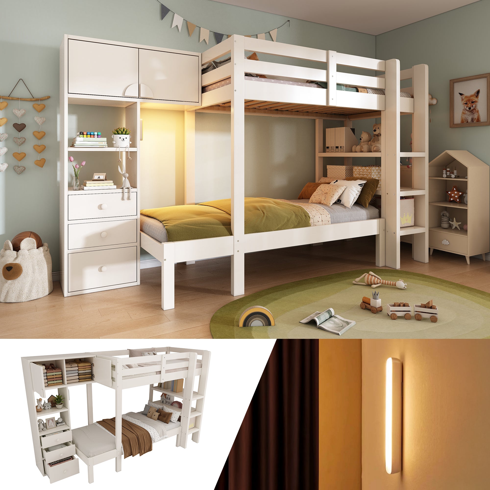 Bunk Bed 90x200 Cm With Smart Night Light, Offset Design With Wardrobe, Shelf & Drawers, Generous Storage Space, 90x200 Cm, White, EN747-1 2024