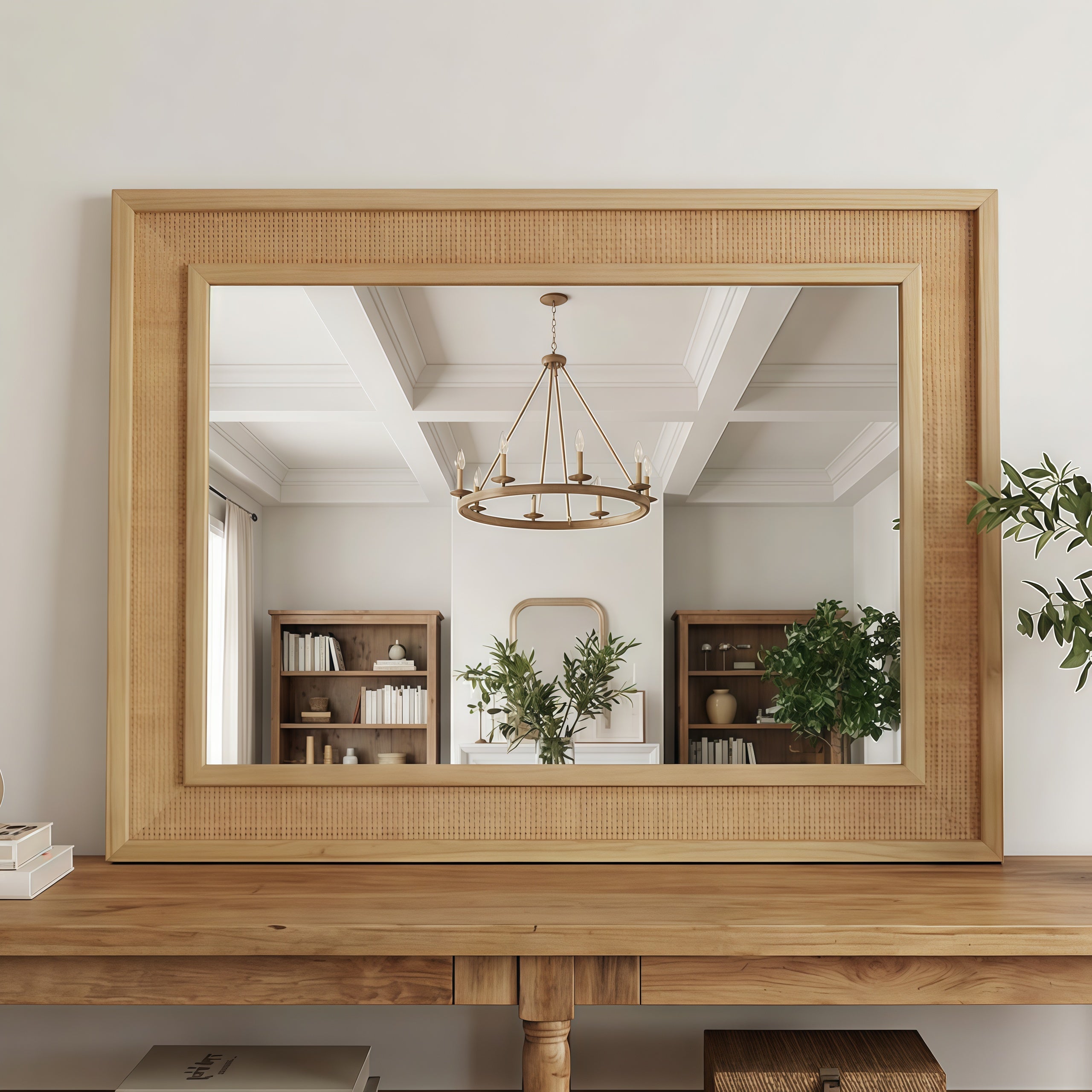 Natural Wood Color 20 X30  Rattan Rectangle Solid Wood Frame Decorative Mirror,For Farmhouse,Bathroom,Home Decor,Entryway
