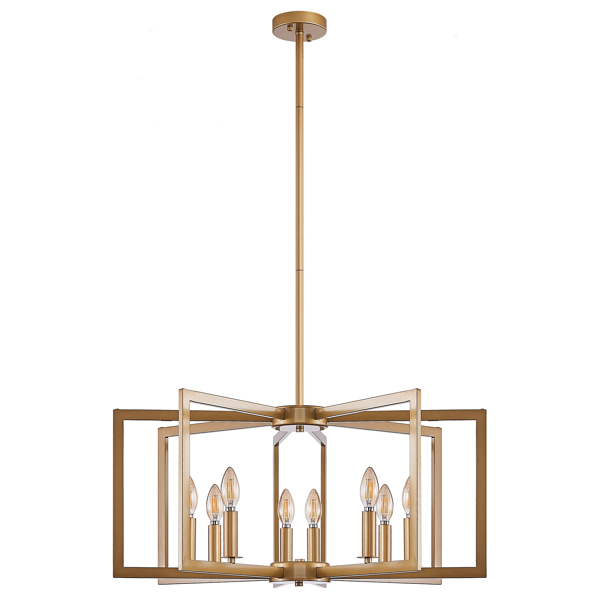 27 Modern Golden Geometric 8-Light Chandelier  Industrial Metal Pendant Light Fixture For Living Room, Dining Room, Or Kitchen  Bulb Not Included