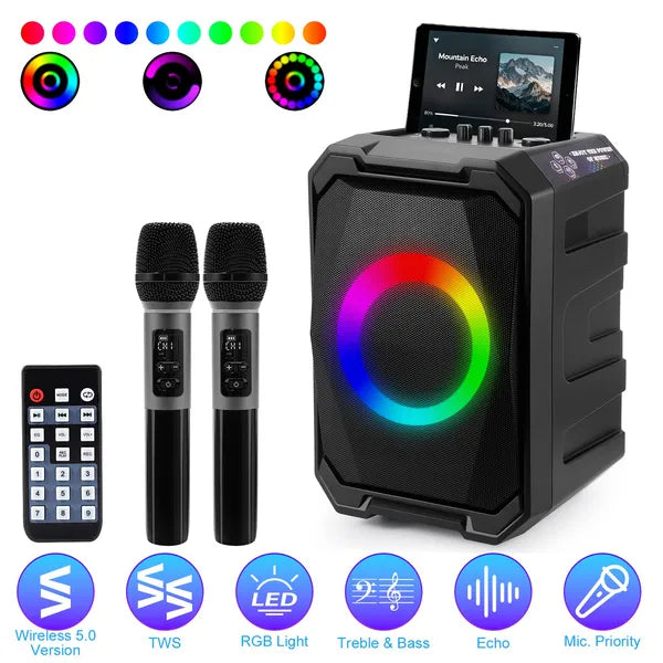 Portable Wireless Party Speaker With LED Light 2 Wireless Mics Remote Control TWS Music Accompany Mic. Priority Bass...
