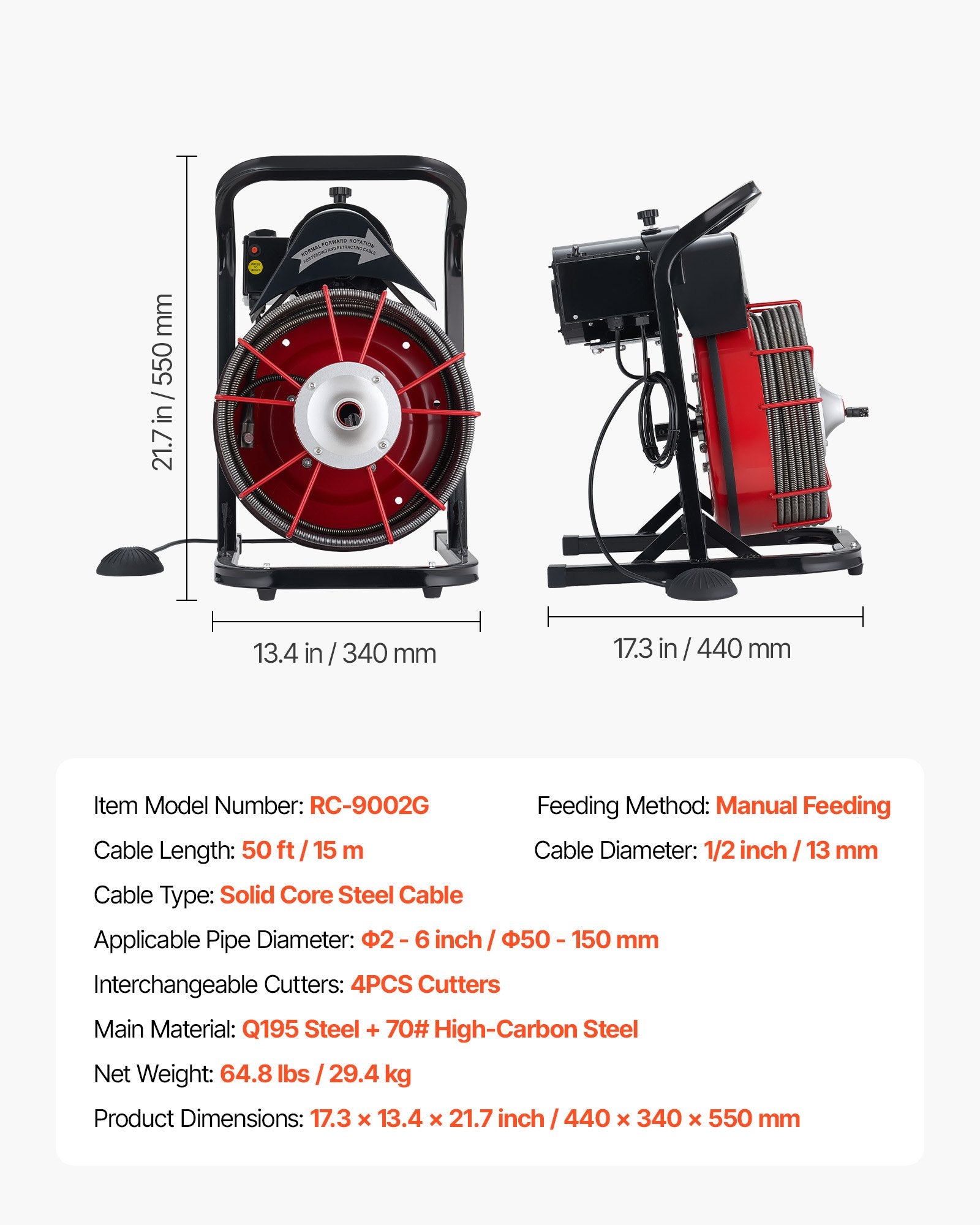 Drain Cleaner Machine 50 FT X 1/2 Inch, Sewer Snake Auger Manual Feed With 4 Cutters & Air-activated Foot Switch For 2" To 6" Pipes