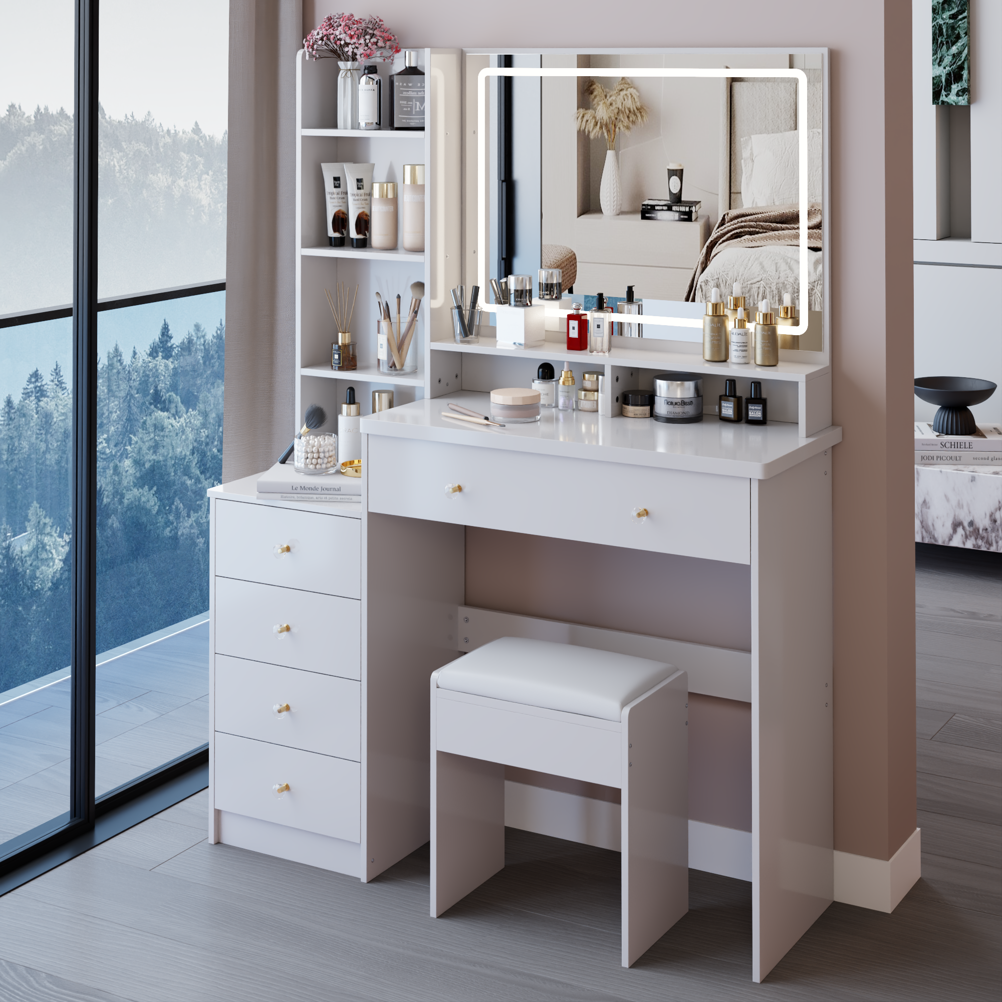 41  Large Sized Bedside Cabinet Vanity Table   Cushioned Stool, Extra Large Touch Control LED Mirror, 3-color Switch, Multi Layer High Capacity Storage Fashionable Dresser, EPA, GCC, UL Certificate