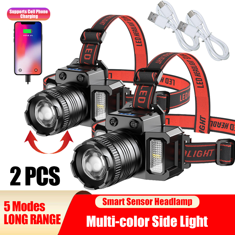 LED Tactical Headlamp Head Torch USB Rechargeable Motion Sensor Headlight Zoomable 5 Modes Emergency Power Bank For...
