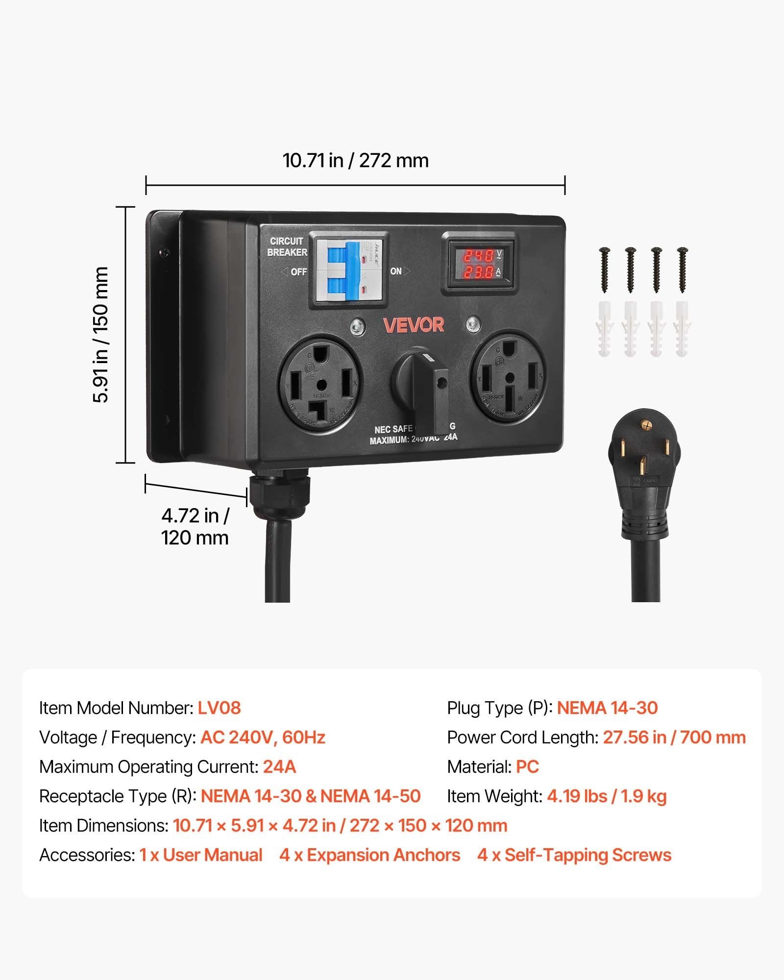 Manual EV Charging Switch, NEMA 14-30P To 14-30R & 14-50R, Splitter Switch For Dryer & EV, 24A Max 240V Manual Power Distribution With Circuit Breaker, Hand-Operated Selector, Plug And Play, ETL