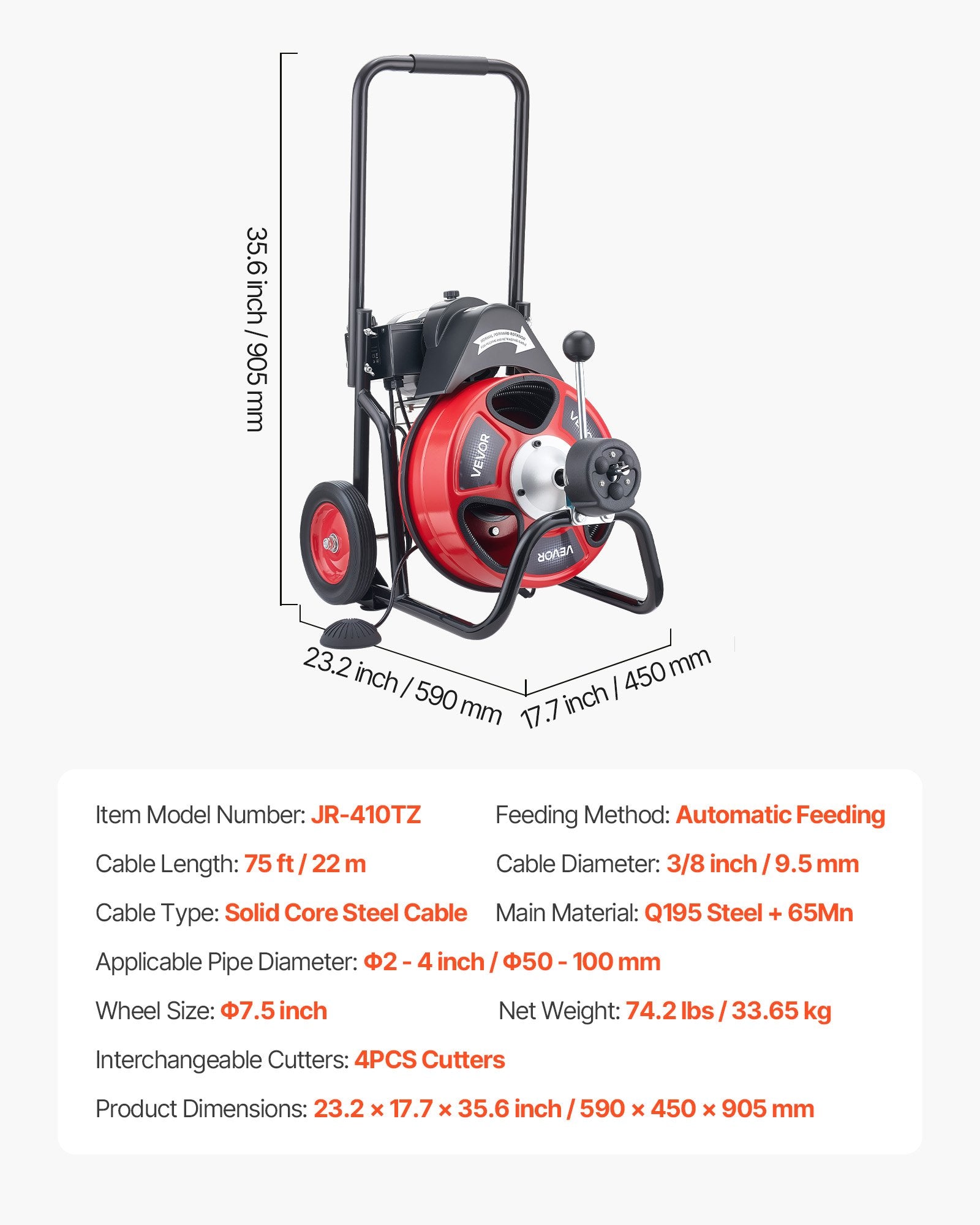 Drain Cleaner Machine 75 FT X 3/8 Inch, Auto Feed Sewer Snake Auger On Wheels, Portable Drain Cleaning Machine With 4 Cutters & Air-activated Foot Switch For 2" To 4" Pipes