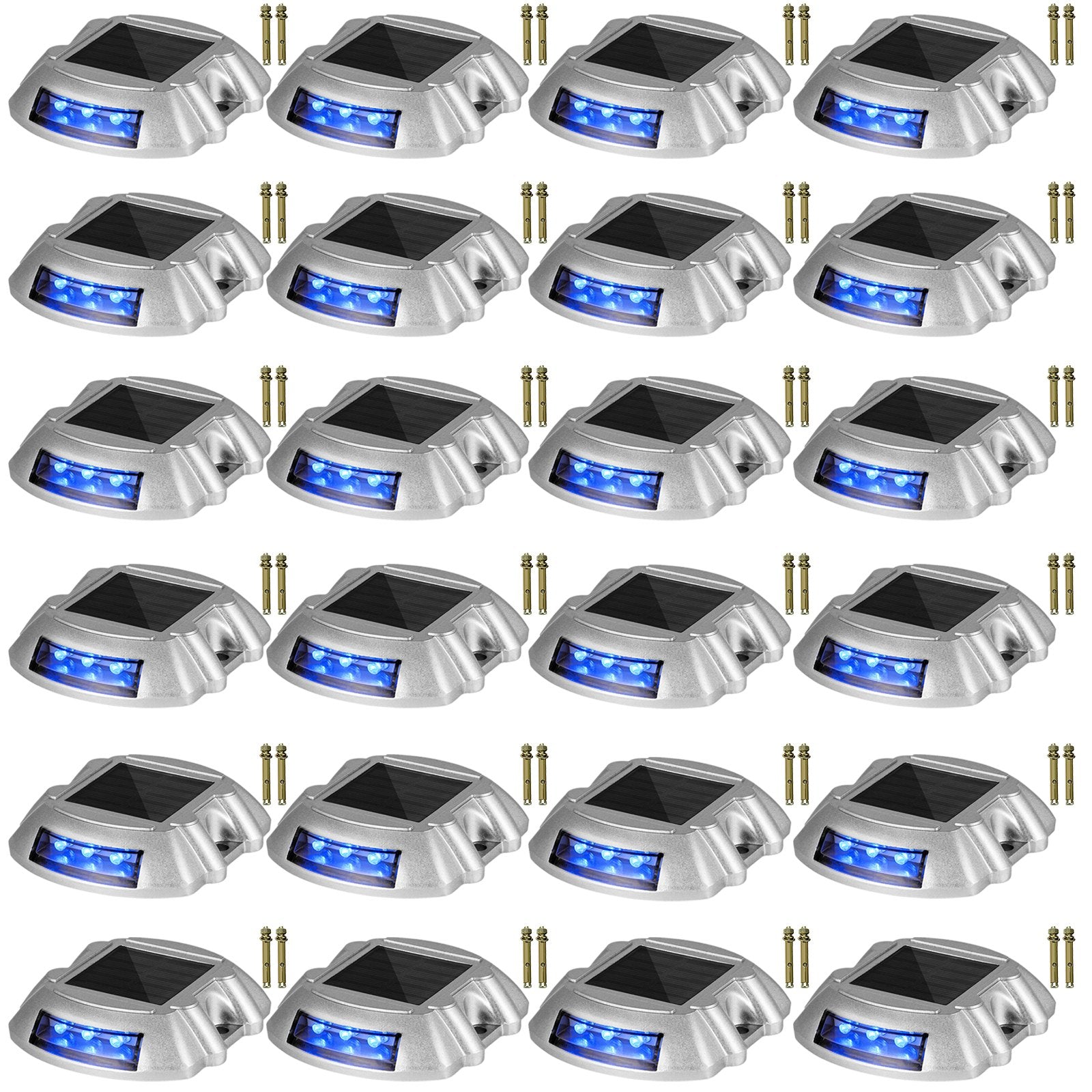 Driveway Lights 24-Pack, Solar Driveway Lights With Switch Button, Solar Deck Lights Waterproof, Wireless Dock Lights 6 LEDs For Path Warning Garden Walkway Sidewalk Steps, LED Bright Blue