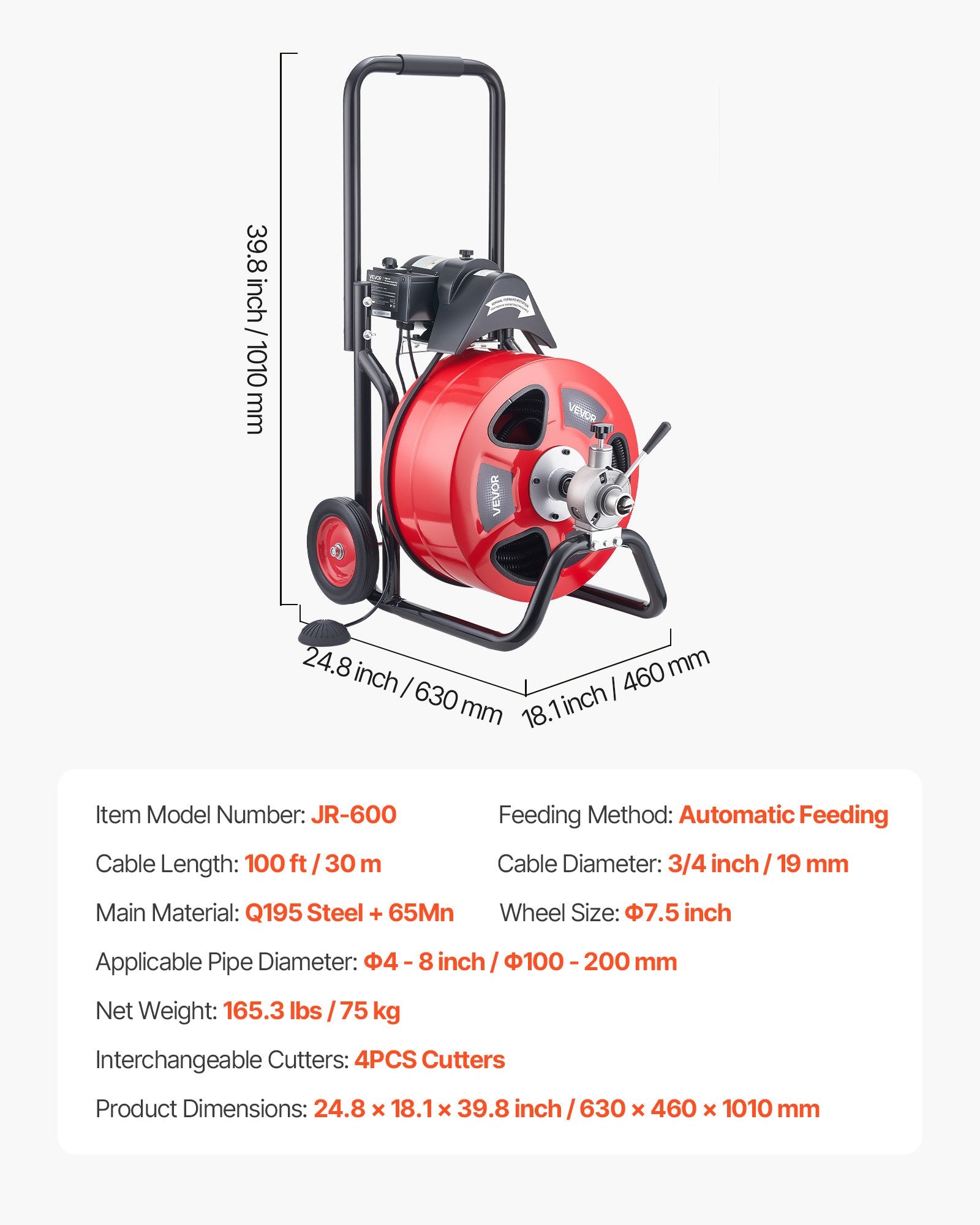 Drain Cleaner Machine 100 FT X 3/4 Inch, Auto Feed Sewer Snake Auger On Wheels, Portable Drain Cleaning Machine With 4 Cutters & Air-activated Foot Switch For 4" To 8" Pipes