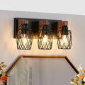 18  Industrial Vintage 3-Light Wall Sconce - Black Cage Wall Lighting Fixture With Wooden Accents For Bathroom, Hallway, Or Living Room Bulb Not Included