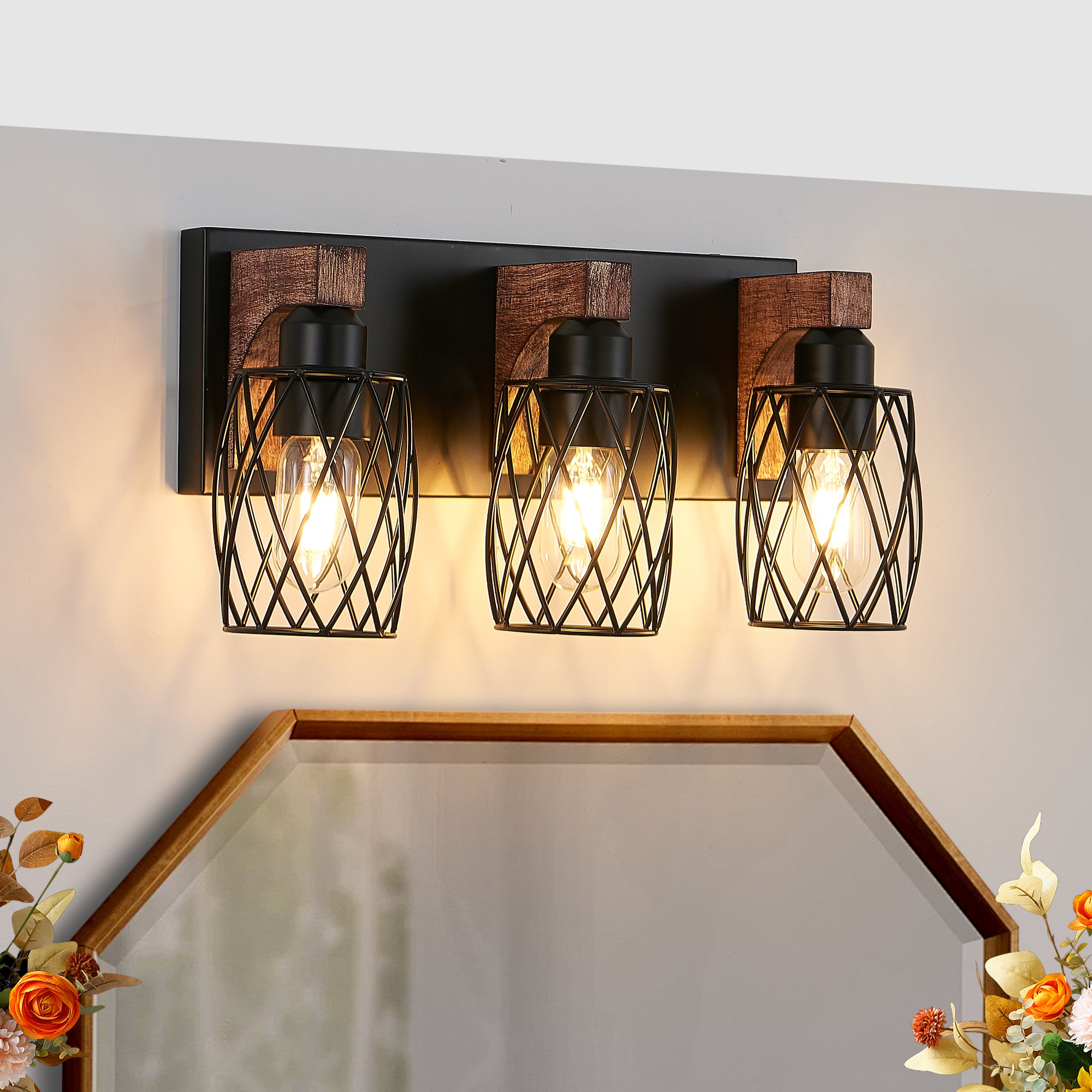 18  Industrial Vintage 3-Light Wall Sconce - Black Cage Wall Lighting Fixture With Wooden Accents For Bathroom, Hallway, Or Living Room Bulb Not Included