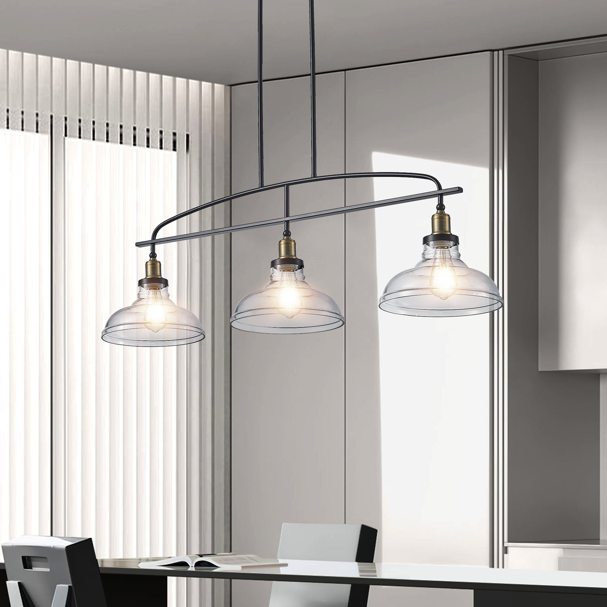 45 Industrial 3-Light Pendant Chandelier With Clear Glass Shades, Black Metal Frame, Adjustable Height, Modern Farmhouse Lighting For Kitchen Island, Dining Room, Or Living Room Bulb Not Included