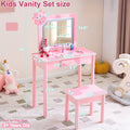 Pink MDF - Solid Wood Legs, Spray Paint - Silkscreen Printing, Cow Pattern, 1-drawer Children's Dressing Table Set, LED Three-color Backlit Touch Switch