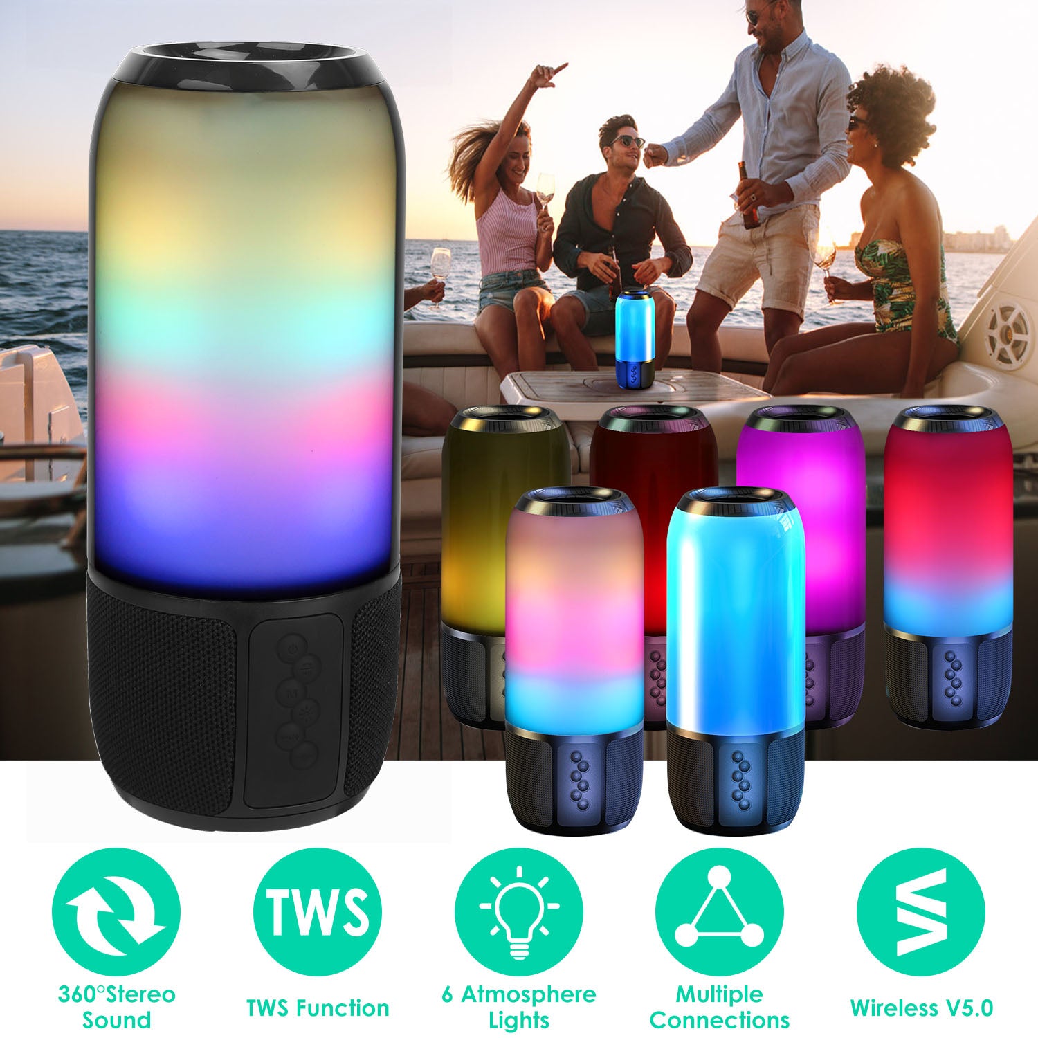 1Pc Wireless Portable Speaker Loud Stereo Speaker With 6 Color Changing Lights Radio Party TWS Speaker For Home...