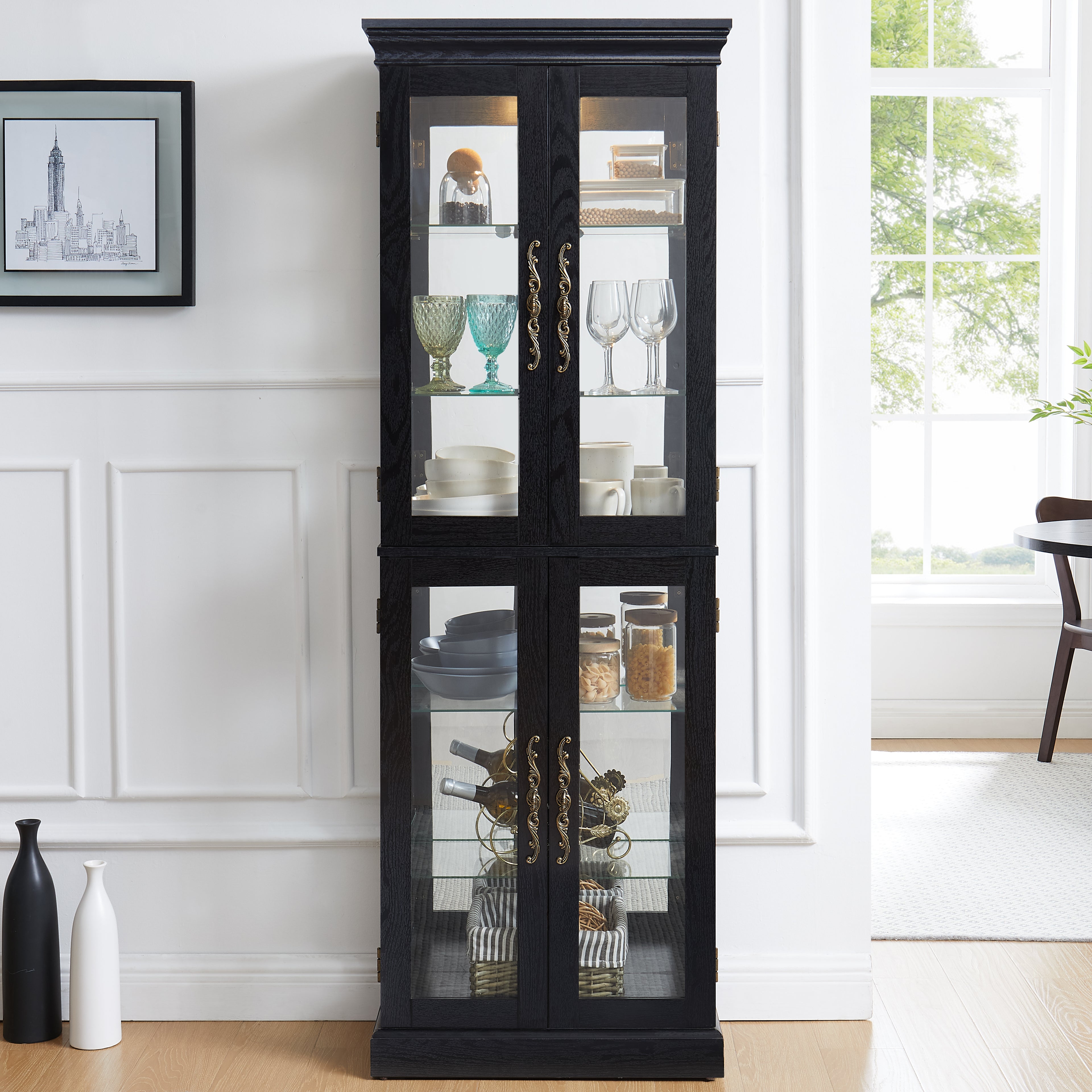Elegant Lighted Glass Curio Display Cabinet - Wooden Frame Storage For Living Room, Kitchen & Pantry - Includes Light Bulb - Ideal For Wine, Toys & Collectibles - Black