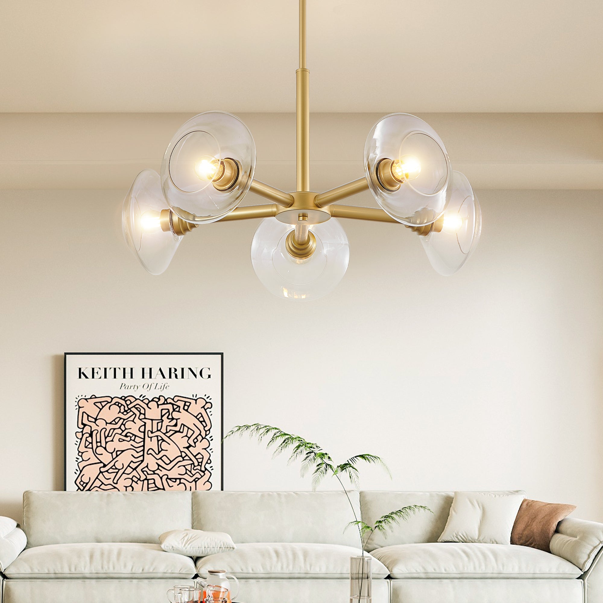 26  Modern Gold 5-Light Sputnik Chandelier With Clear Glass Shades, Mid-Century Hanging Pendant Light Fixture For Dining Room, Living Room, Or Kitchen Bulb Not Included