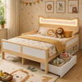 Children's Bed 140x200 Cm With Cat Ears, Headboard & RGB LED Lighting, Slatted Frame, Flexible Drawer & Storage Compartment Can Be Mounted Left Right, Child-proof Safety Gate, In White And Oak, Withou