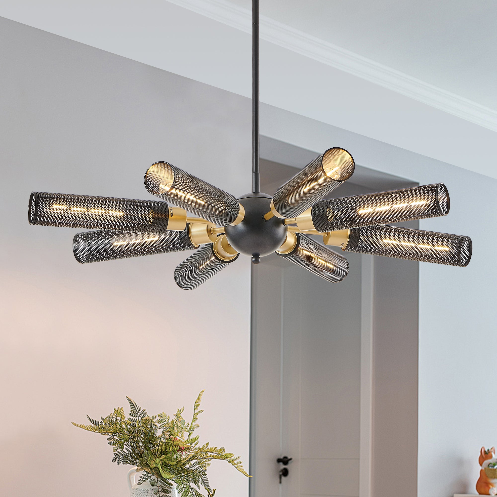 34 Modern Industrial Sputnik Chandelier, 8-Light Black And Gold Metal Pendant Light With Mesh Shades, E26 Base, Adjustable Height For Dining Room, Living Room, Or Kitchen Island  Bulb Not Included